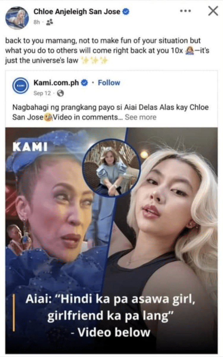 Chloe San Jose says 'back to you' remark to Ai-Ai delas Alas not offensive